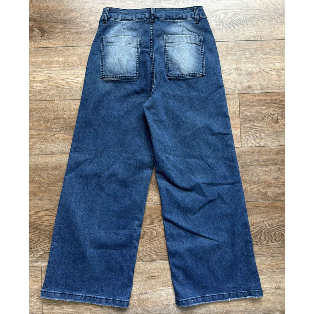 Women's Dark Blue Wide-Leg Jeans HIgh Waist Y2K Denim Streetwear Baggy Size Med - Picture 3 of 11